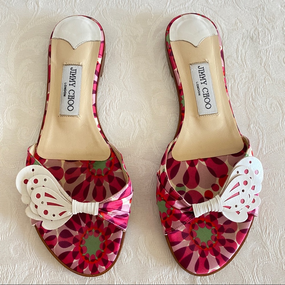 Jimmy choo red floral satin butterfly slide on flat sandals
